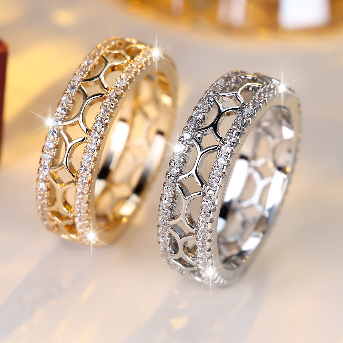 Elegant Hollow-out Ring Inlaid with Synthetic Zirconia, Versatile Style